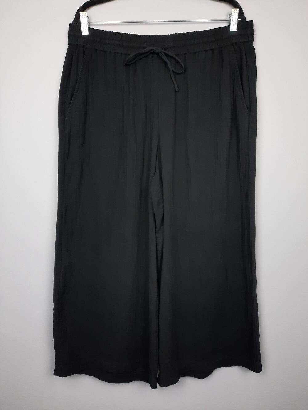 Eileen Fisher Black Organic Cotton Gauze High Rise Wide Leg Crop Pants Large